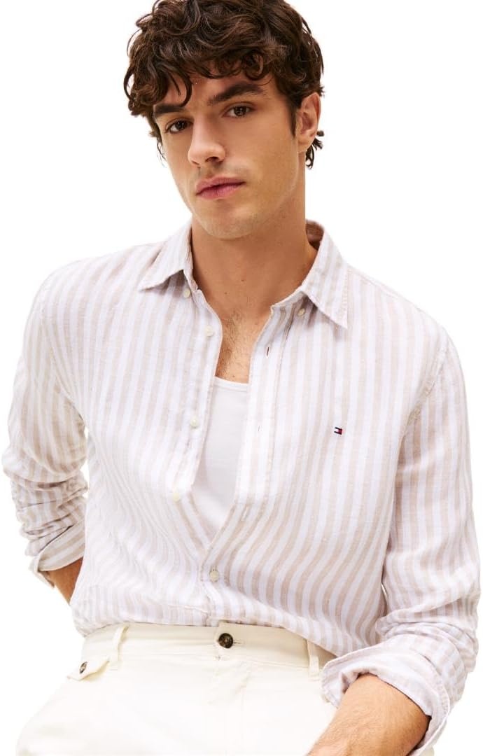 image:imageTommy Hilfiger Mens Long Sleeve Casual Linen Button Down Shirts in Regular FitSandalwood Optic White