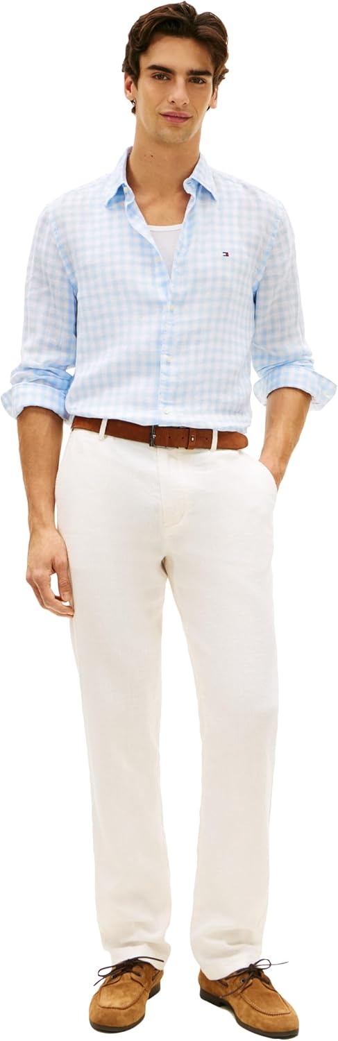 image:imageTommy Hilfiger Mens Long Sleeve Casual Linen Button Down Shirts in Regular FitSweet Blue Check