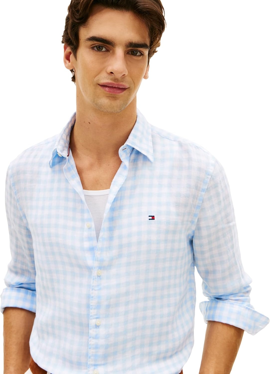image:imageTommy Hilfiger Mens Long Sleeve Casual Linen Button Down Shirts in Regular FitSweet Blue Check