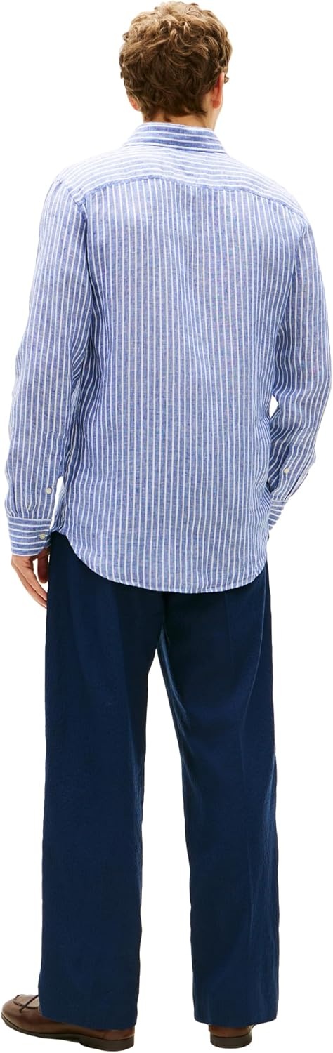 image:imageTommy Hilfiger Mens Long Sleeve Casual Linen Button Down Shirts in Regular FitWedge Blue Stripe