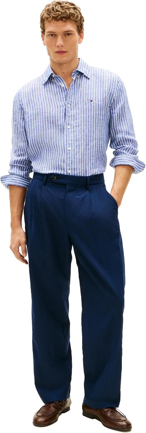 image:imageTommy Hilfiger Mens Long Sleeve Casual Linen Button Down Shirts in Regular FitWedge Blue Stripe