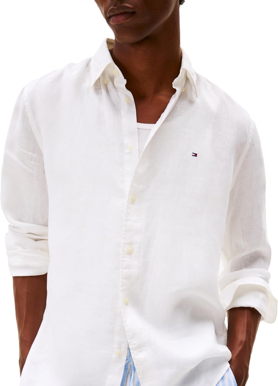 image:imageTommy Hilfiger Mens Long Sleeve Casual Linen Button Down Shirts in Regular FitWhite