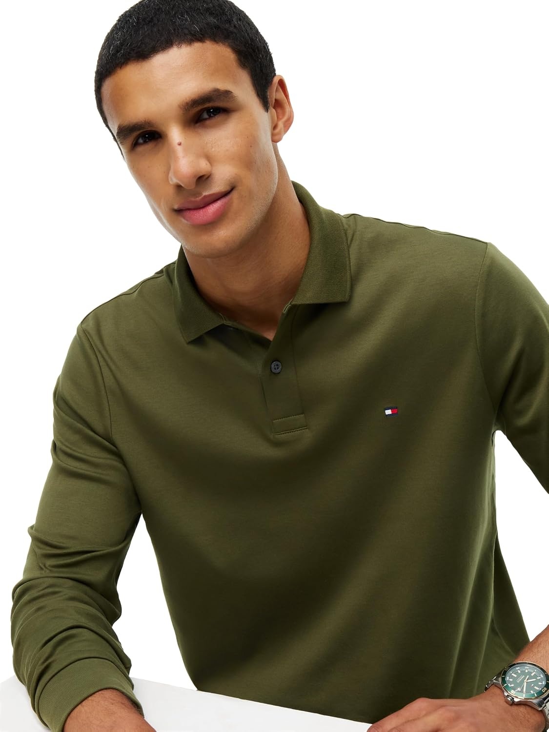 image:imageTommy Hilfiger Mens Long Sleeve Casual Polo Shirts in Regular Fit with Liquid CottonHuntsman Green