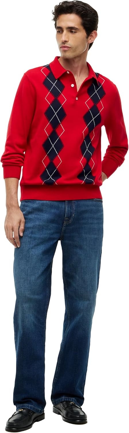 image:imageTommy Hilfiger Mens Long Sleeve Cotton Argyle Polo SweaterMedium Red