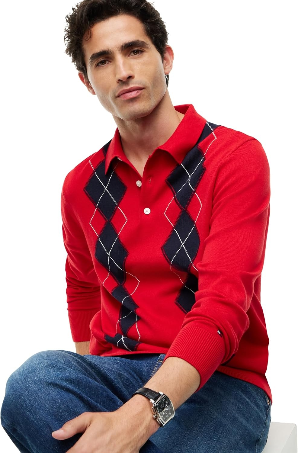 image:imageTommy Hilfiger Mens Long Sleeve Cotton Argyle Polo SweaterMedium Red