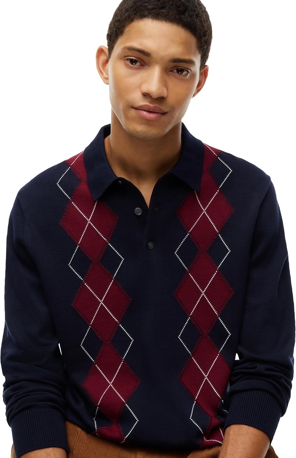 image:imageTommy Hilfiger Mens Long Sleeve Cotton Argyle Polo SweaterNavy Blue
