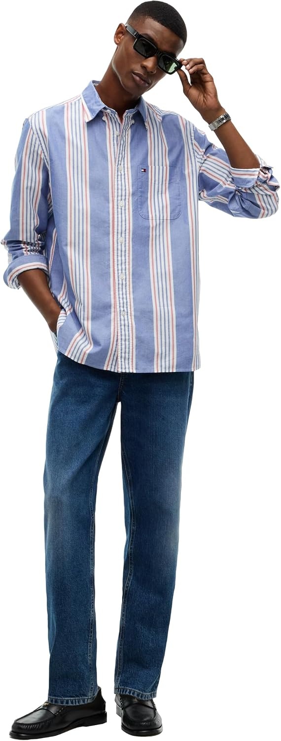 image:imageTommy Hilfiger Mens Long Sleeve Oxford Shirts Relaxed Button Down ShirtsWedge Blue Multistripe
