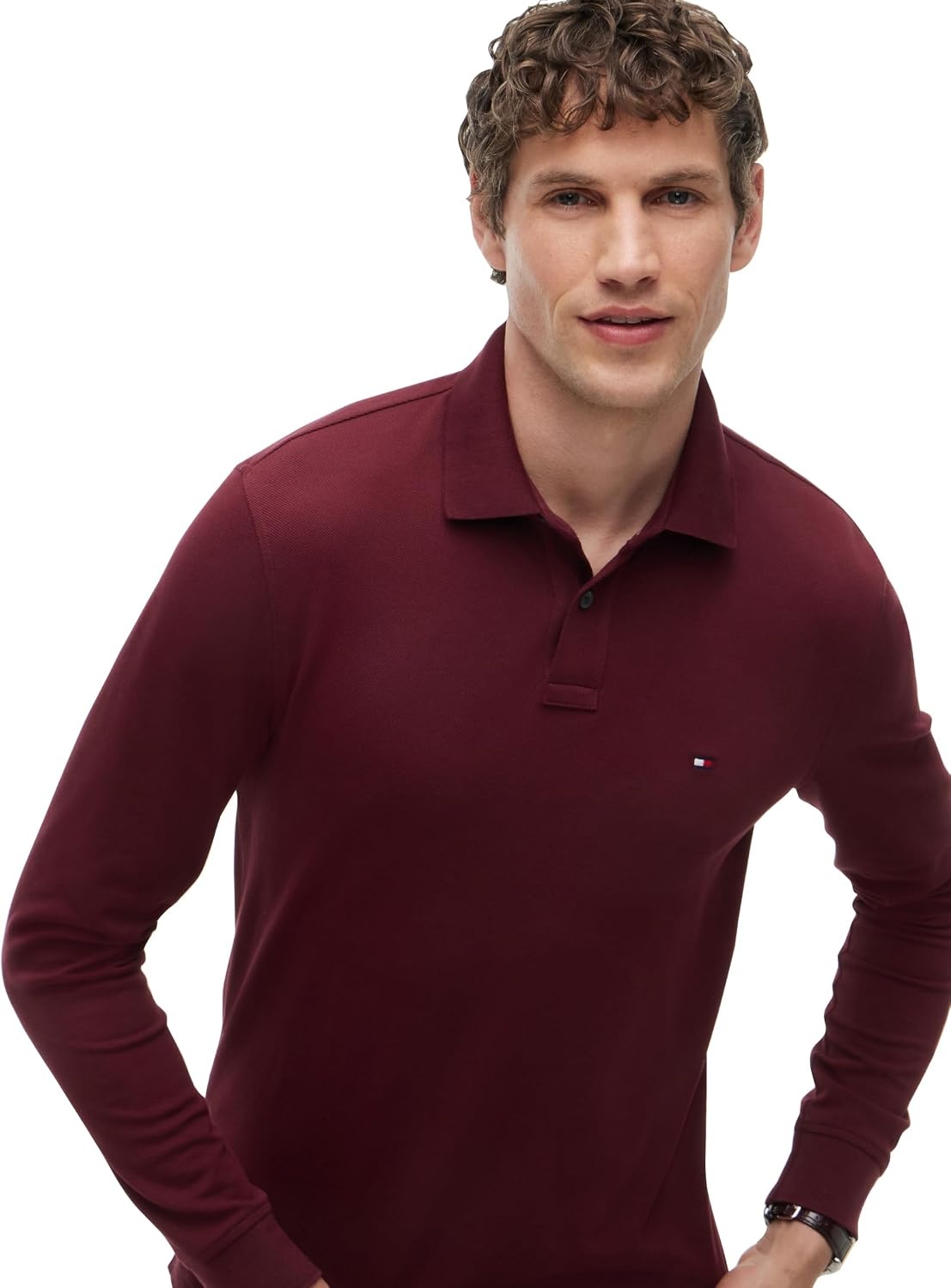 image:imageTommy Hilfiger Mens Long Sleeve Polo Shirts in Regular Fit with Stretch and Organic Pique CottonBurgundy