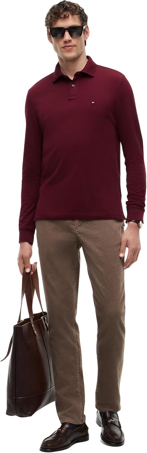 image:imageTommy Hilfiger Mens Long Sleeve Polo Shirts in Regular Fit with Stretch and Organic Pique CottonBurgundy