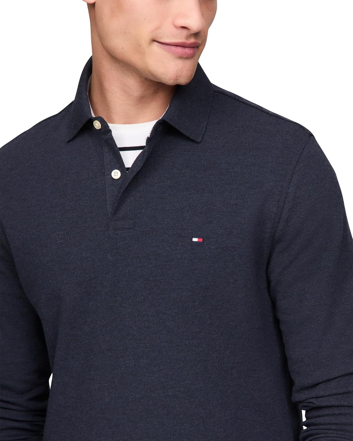 image:imageTommy Hilfiger Mens Long Sleeve Polo Shirts in Regular Fit with Stretch and Organic Pique CottonFaded Indigo Heather