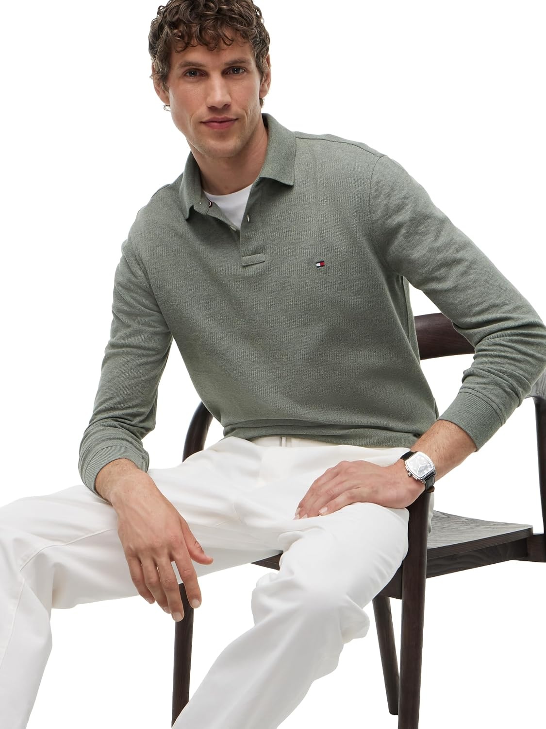 image:imageTommy Hilfiger Mens Long Sleeve Polo Shirts in Regular Fit with Stretch and Organic Pique CottonPlatinum Olive Heather