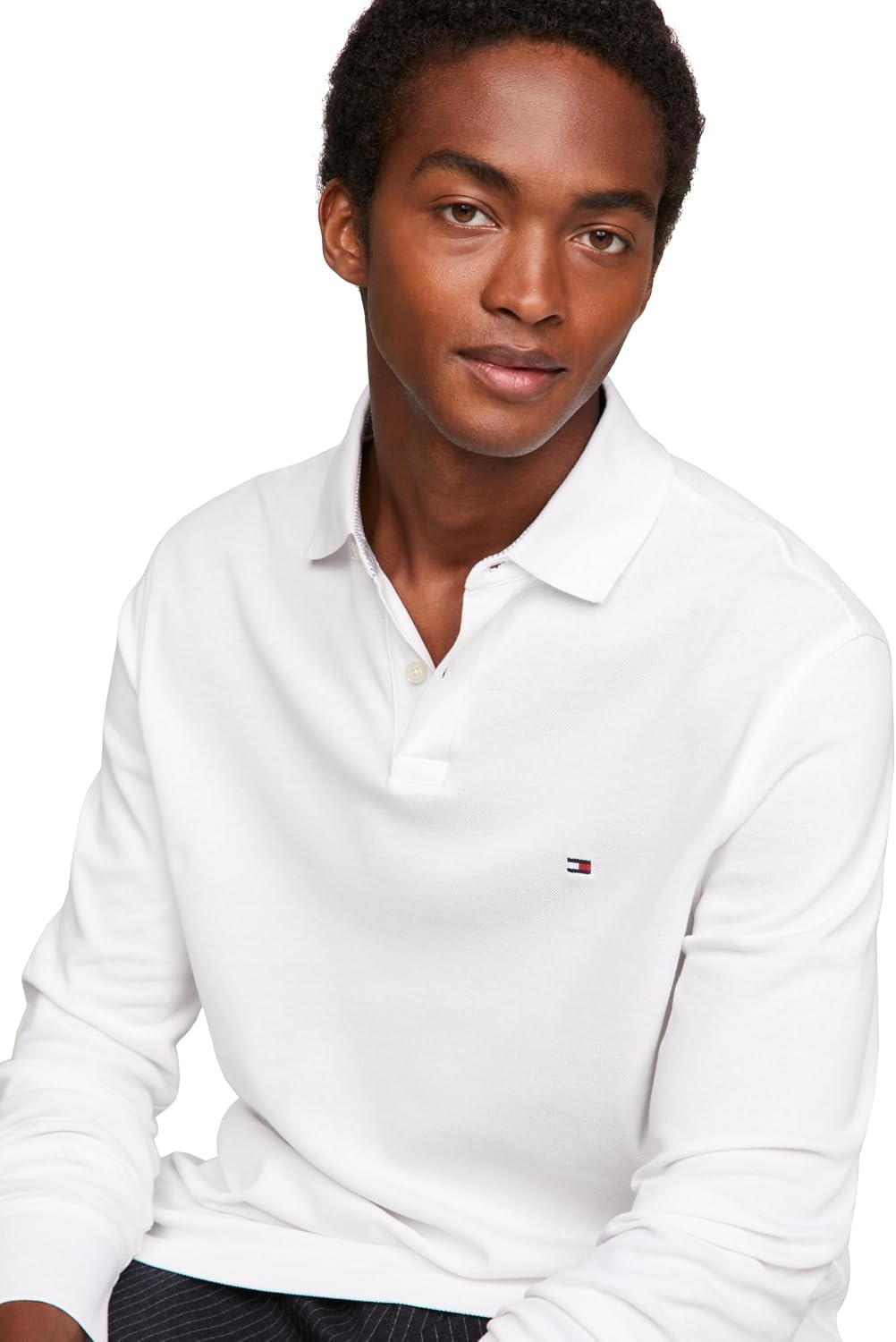 image:imageTommy Hilfiger Mens Long Sleeve Polo Shirts in Regular Fit with Stretch and Organic Pique CottonWhite