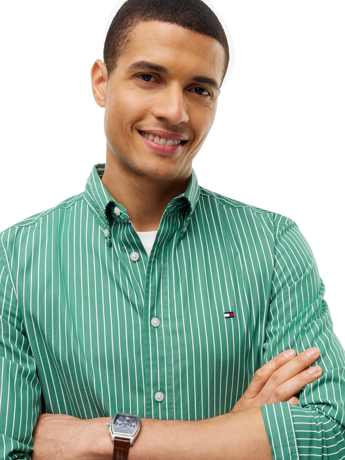image:imageTommy Hilfiger Mens Long Sleeve Poplin Shirts in Regular Fit Mens Button Down Shirts Also Available in Big and TallAlaskan Green Stripe