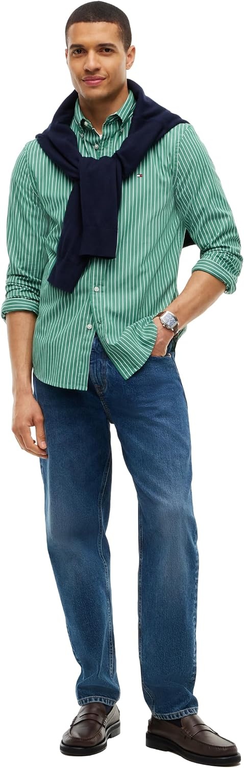 image:imageTommy Hilfiger Mens Long Sleeve Poplin Shirts in Regular Fit Mens Button Down Shirts Also Available in Big and TallAlaskan Green Stripe