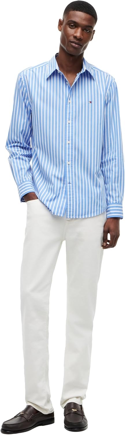 image:imageTommy Hilfiger Mens Long Sleeve Poplin Shirts in Regular Fit Mens Button Down Shirts Also Available in Big and TallBlue Spell Stripe