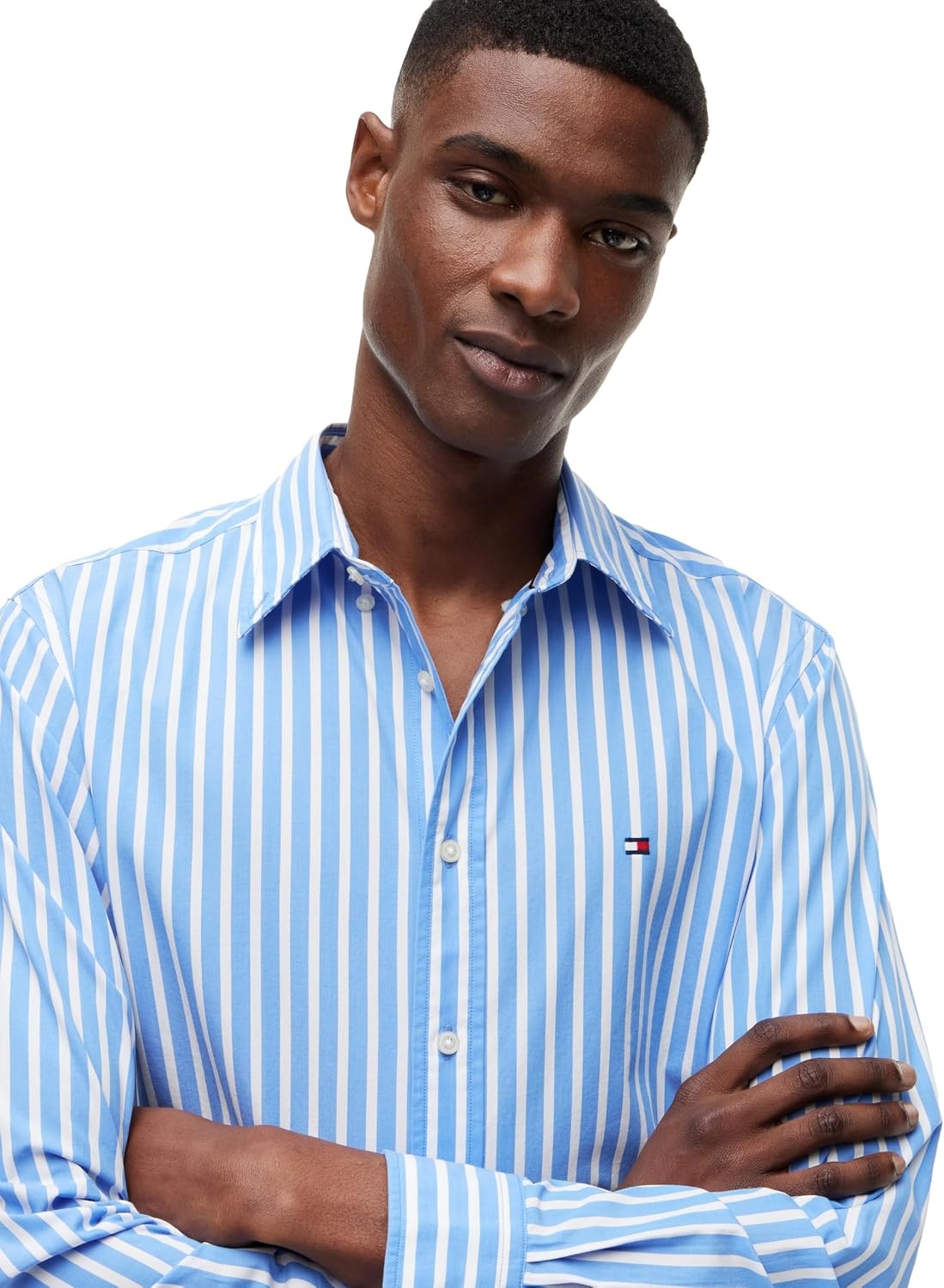 image:imageTommy Hilfiger Mens Long Sleeve Poplin Shirts in Regular Fit Mens Button Down Shirts Also Available in Big and TallBlue Spell Stripe