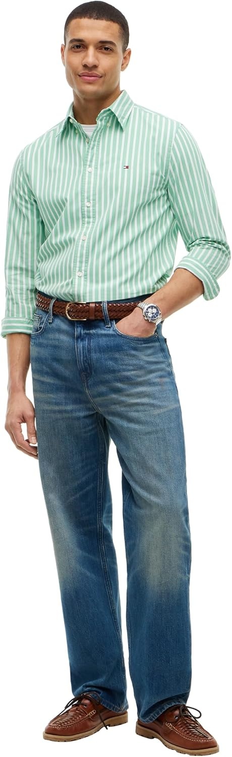image:imageTommy Hilfiger Mens Long Sleeve Poplin Shirts in Regular Fit Mens Button Down Shirts Also Available in Big and TallCut Grass Stripe