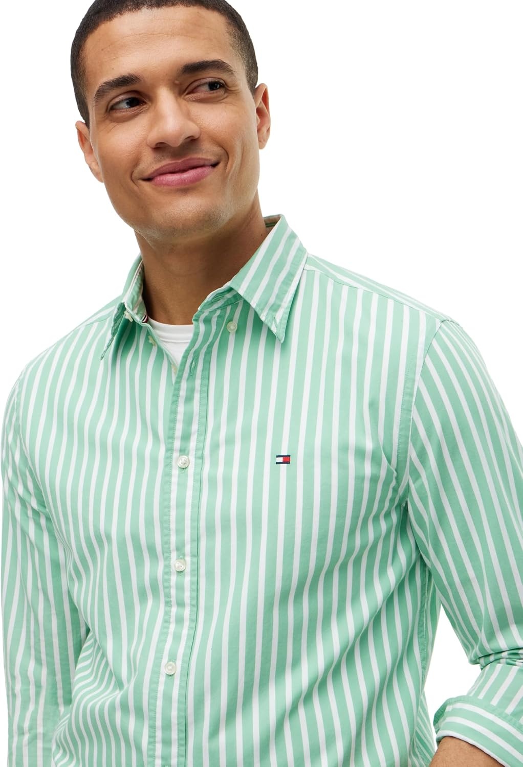 image:imageTommy Hilfiger Mens Long Sleeve Poplin Shirts in Regular Fit Mens Button Down Shirts Also Available in Big and TallCut Grass Stripe