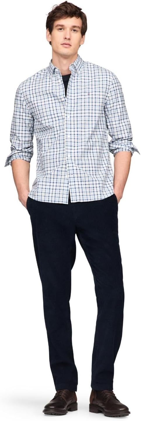 image:imageTommy Hilfiger Mens Long Sleeve Poplin Shirts in Regular Fit Mens Button Down Shirts Also Available in Big and TallDeep Indigo Breezy Blue Check Wash