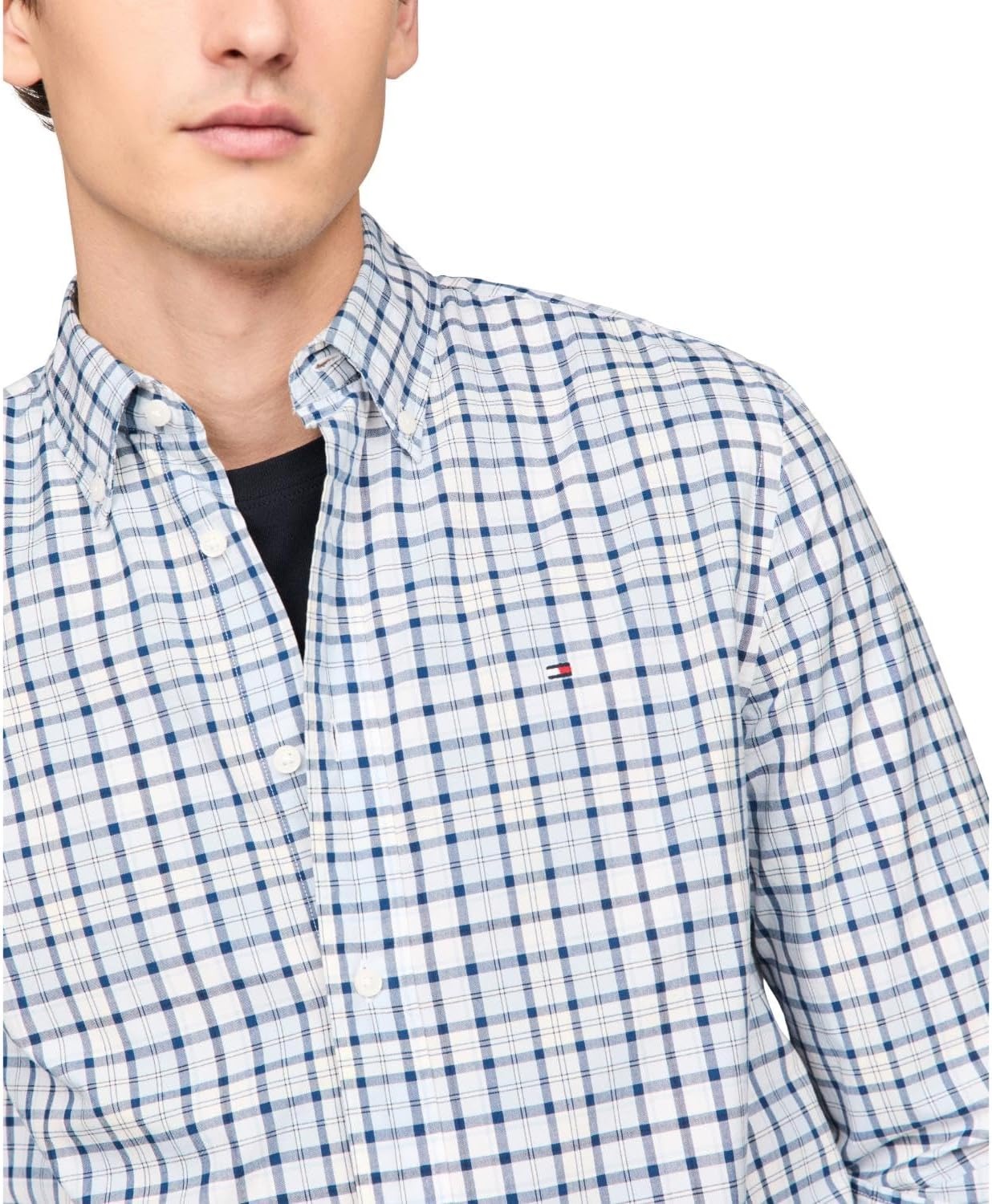image:imageTommy Hilfiger Mens Long Sleeve Poplin Shirts in Regular Fit Mens Button Down Shirts Also Available in Big and TallDeep Indigo Breezy Blue Check Wash
