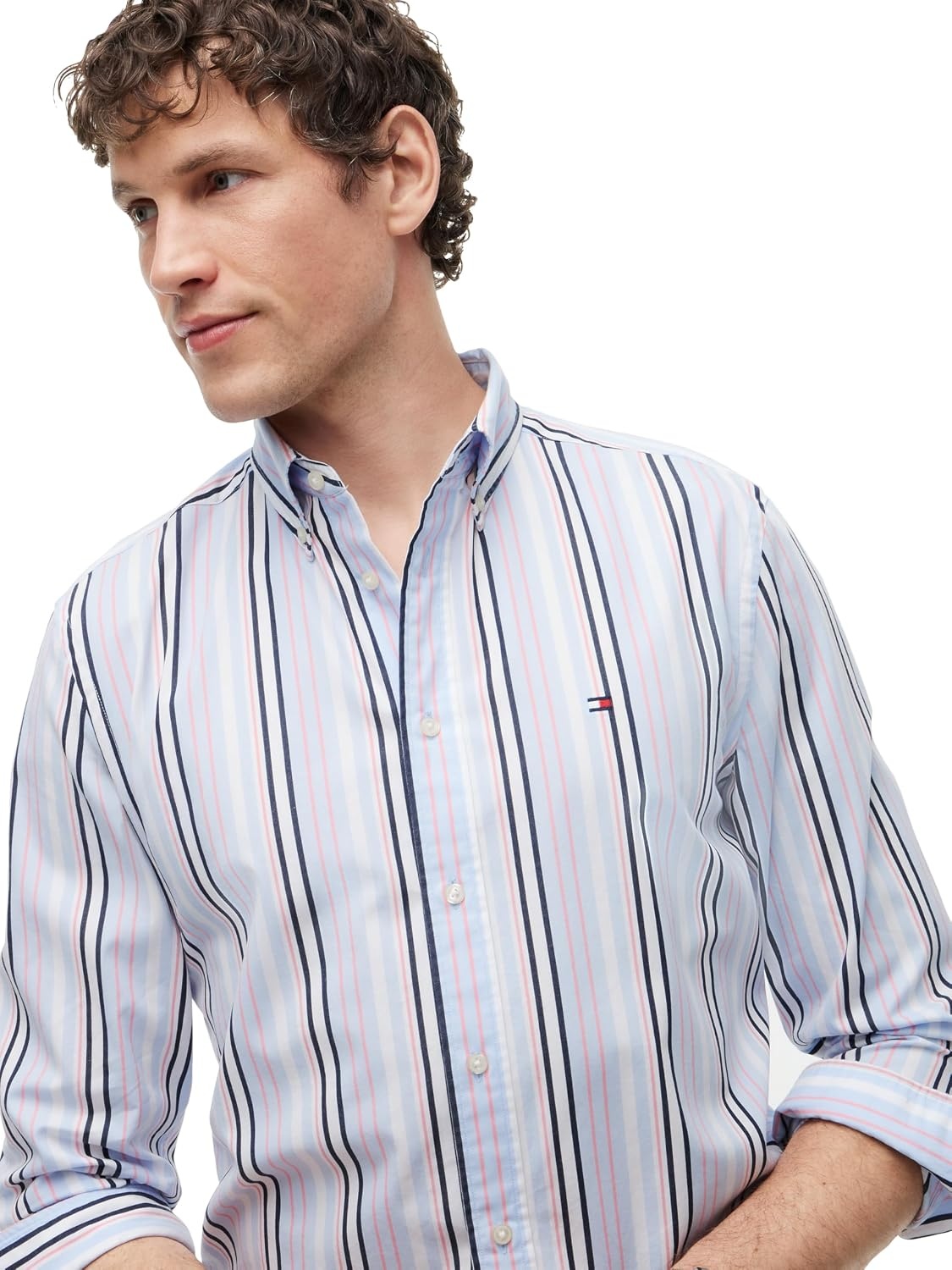 image:imageTommy Hilfiger Mens Long Sleeve Poplin Shirts in Regular Fit Mens Button Down Shirts Also Available in Big and TallDoll PinkMulti Stripe