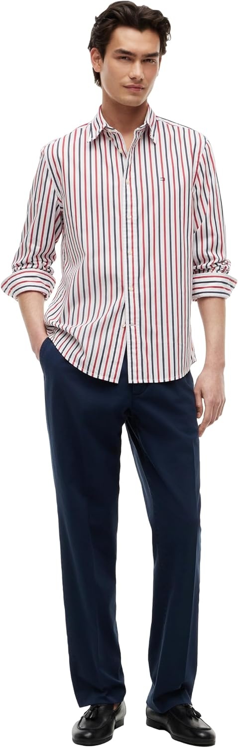 image:imageTommy Hilfiger Mens Long Sleeve Poplin Shirts in Regular Fit Mens Button Down Shirts Also Available in Big and TallMedium Red Multistripe