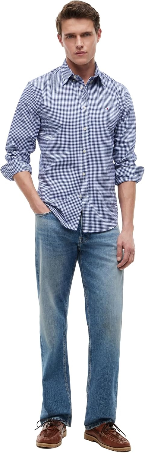 image:imageTommy Hilfiger Mens Long Sleeve Poplin Shirts in Regular Fit Mens Button Down Shirts Also Available in Big and TallWedge Blue Checked White