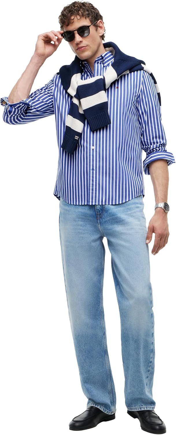 image:imageTommy Hilfiger Mens Long Sleeve Poplin Shirts in Regular Fit Mens Button Down Shirts Also Available in Big and TallWedge Blue White Striped