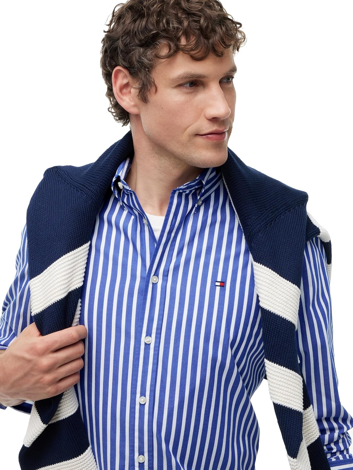 image:imageTommy Hilfiger Mens Long Sleeve Poplin Shirts in Regular Fit Mens Button Down Shirts Also Available in Big and TallWedge Blue White Striped