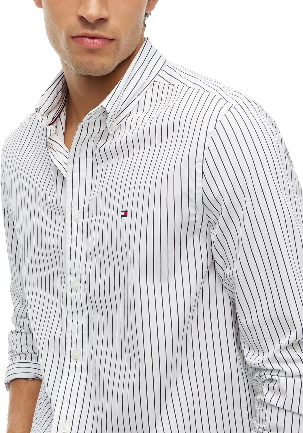 image:imageTommy Hilfiger Mens Long Sleeve Poplin Shirts in Regular Fit Mens Button Down Shirts Also Available in Big and TallWhite Black Stripe