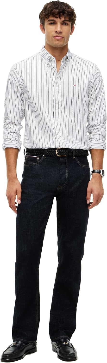 image:imageTommy Hilfiger Mens Long Sleeve Poplin Shirts in Regular Fit Mens Button Down Shirts Also Available in Big and TallWhite Black Stripe