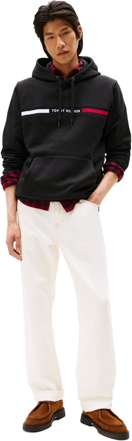 image:imageTommy Hilfiger Mens Medium Weight Fleece Hoodie Sweatshirt With Signature Stripe LogoBlack Wash