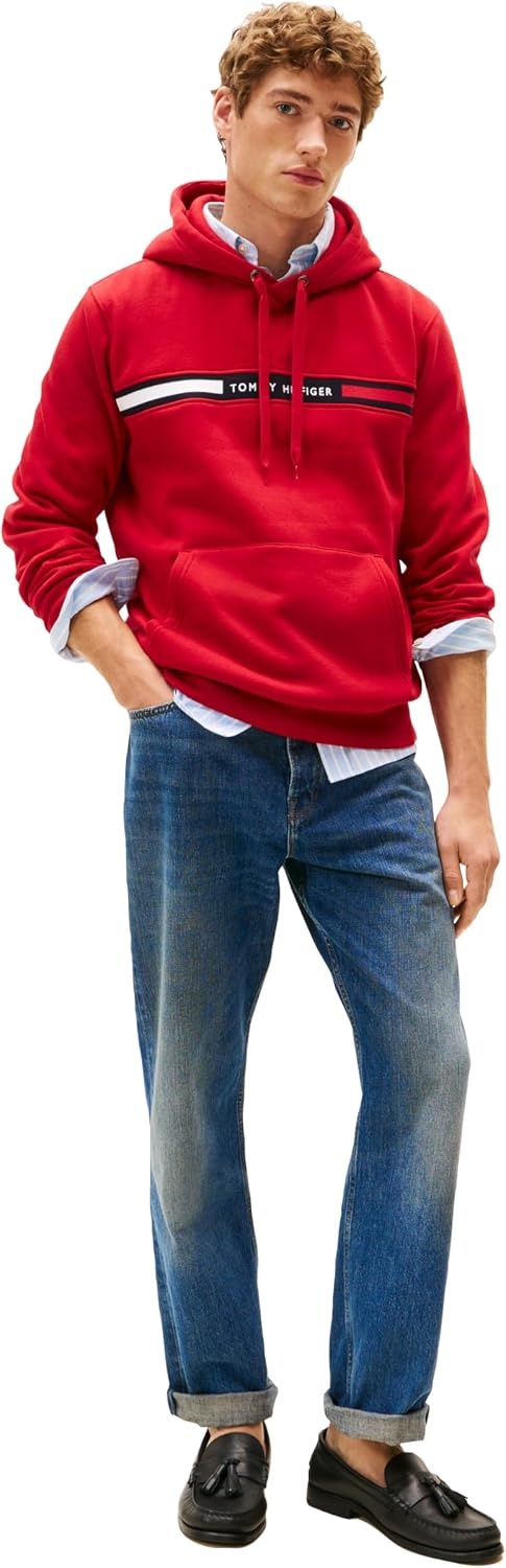 image:imageTommy Hilfiger Mens Medium Weight Fleece Hoodie Sweatshirt With Signature Stripe LogoMedium Red