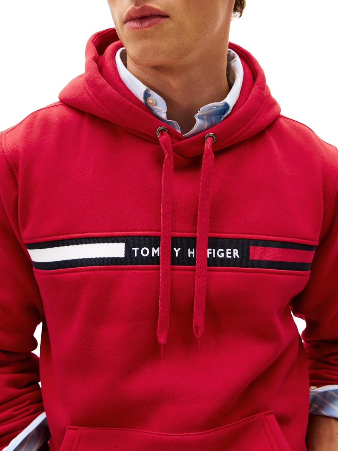 image:imageTommy Hilfiger Mens Medium Weight Fleece Hoodie Sweatshirt With Signature Stripe LogoMedium Red