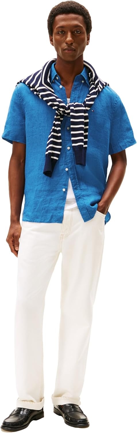 image:imageTommy Hilfiger Mens Short Sleeve Casual Linen Button Down Shirts in Regular FitBlue Orbit