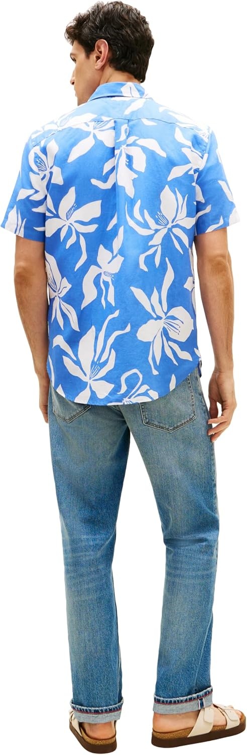 image:imageTommy Hilfiger Mens Short Sleeve Casual Linen Button Down Shirts in Regular FitBlue Spell Allover