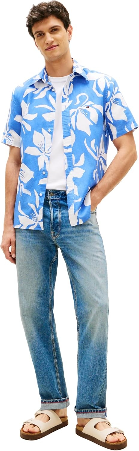 image:imageTommy Hilfiger Mens Short Sleeve Casual Linen Button Down Shirts in Regular FitBlue Spell Allover