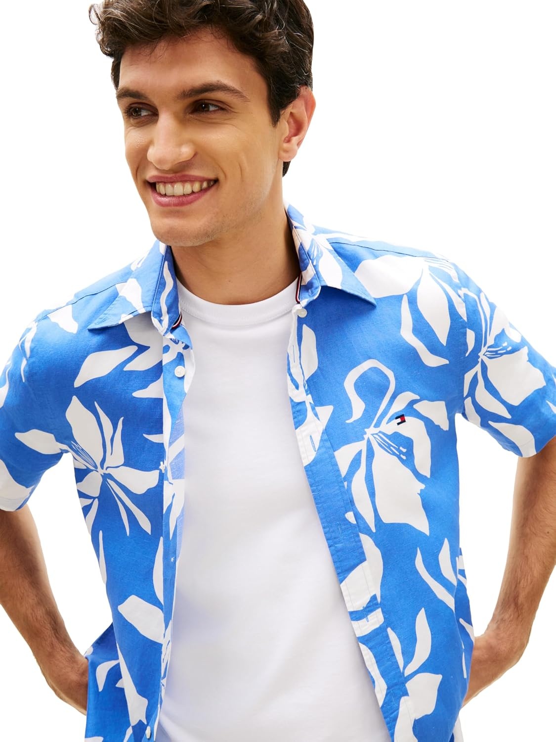 image:imageTommy Hilfiger Mens Short Sleeve Casual Linen Button Down Shirts in Regular FitBlue Spell Allover