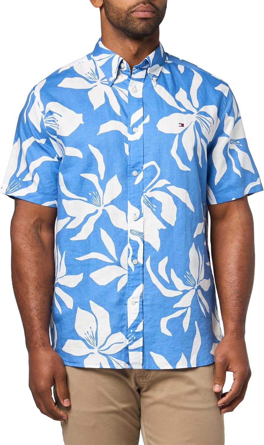 image:imageTommy Hilfiger Mens Short Sleeve Casual Linen Button Down Shirts in Regular FitBlue Spell Allover
