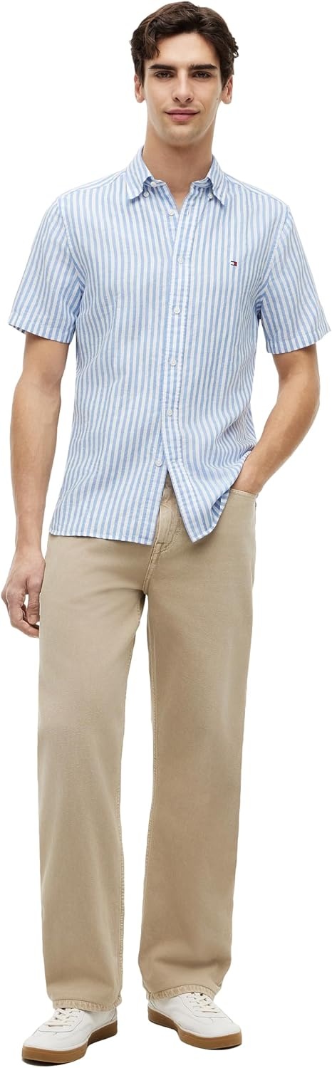 image:imageTommy Hilfiger Mens Short Sleeve Casual Linen Button Down Shirts in Regular FitBlue Spell Stripe