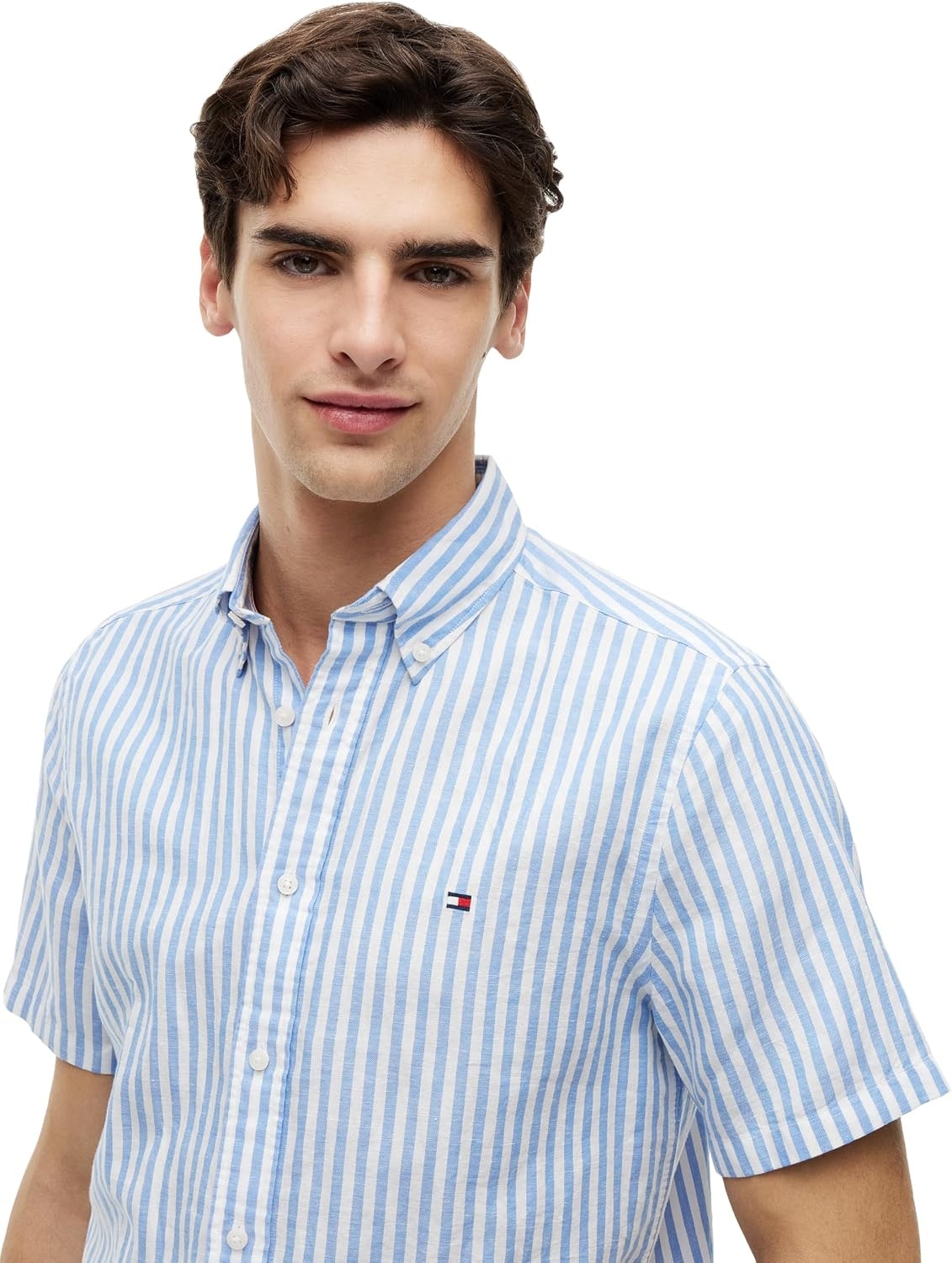 image:imageTommy Hilfiger Mens Short Sleeve Casual Linen Button Down Shirts in Regular FitBlue Spell Stripe