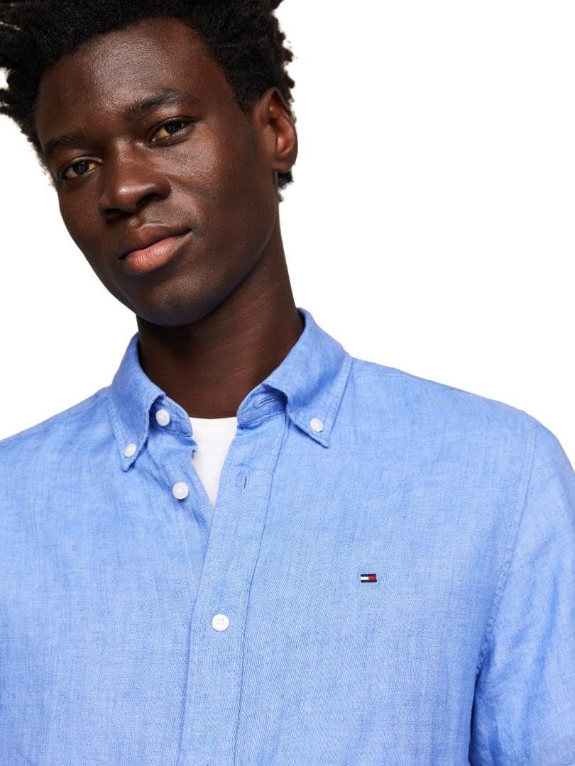 image:imageTommy Hilfiger Mens Short Sleeve Casual Linen Button Down Shirts in Regular FitBlue Spell