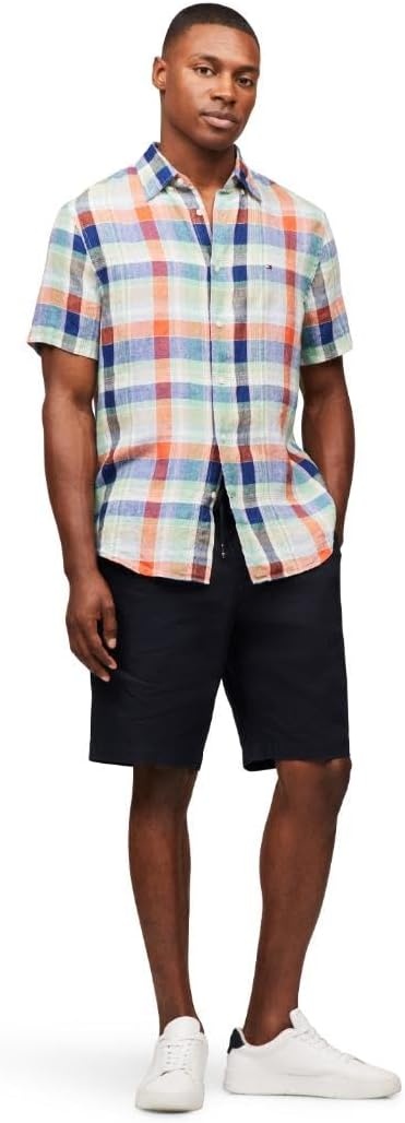 image:imageTommy Hilfiger Mens Short Sleeve Casual Linen Button Down Shirts in Regular FitBrilliant Orange Multi Check