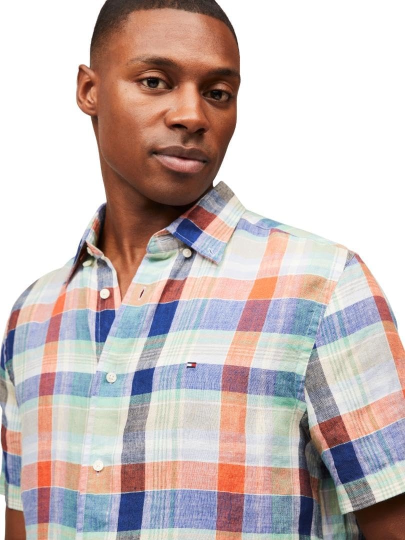 image:imageTommy Hilfiger Mens Short Sleeve Casual Linen Button Down Shirts in Regular FitBrilliant Orange Multi Check