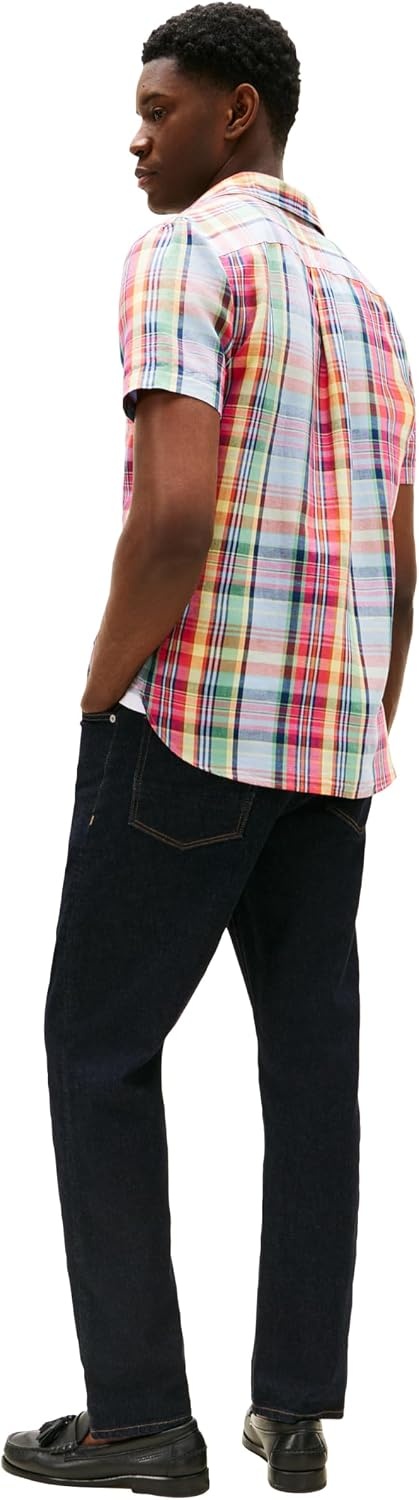 image:imageTommy Hilfiger Mens Short Sleeve Casual Linen Button Down Shirts in Regular FitBrilliant Orange Multi Check