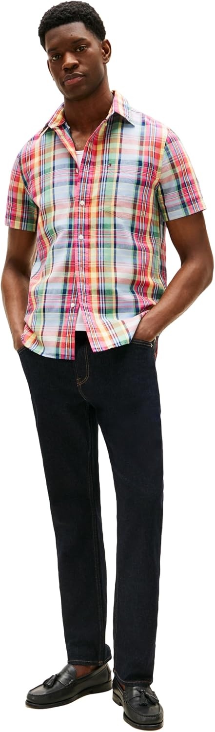 image:imageTommy Hilfiger Mens Short Sleeve Casual Linen Button Down Shirts in Regular FitBrilliant Orange Multi Check
