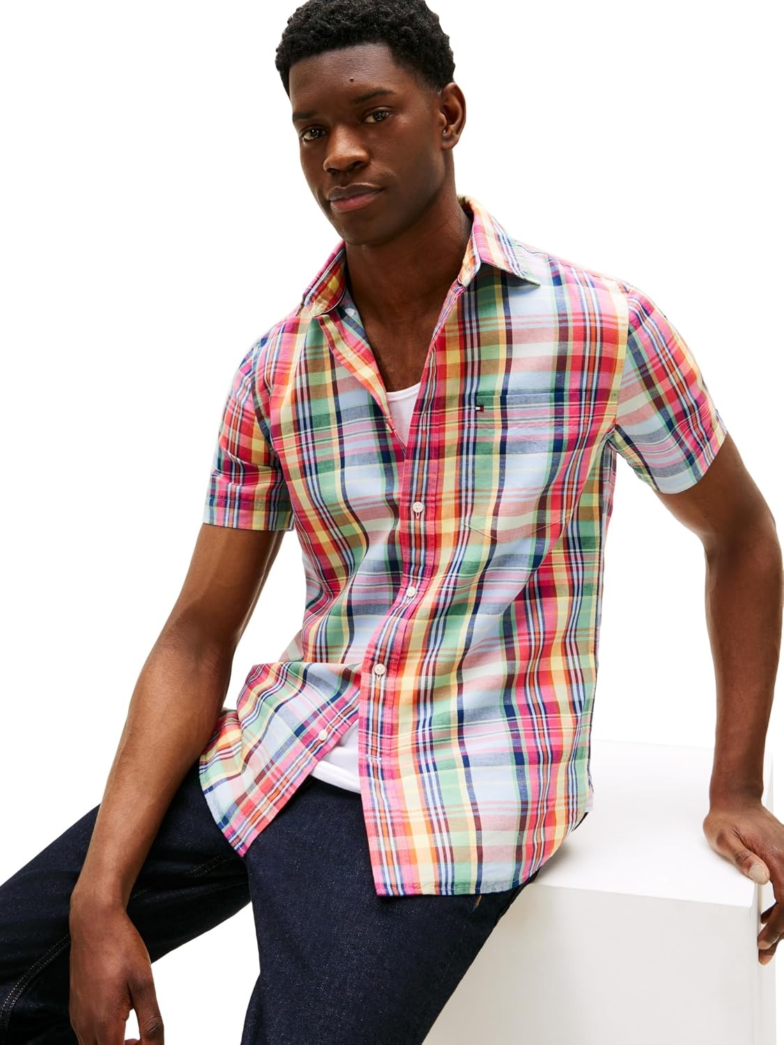 image:imageTommy Hilfiger Mens Short Sleeve Casual Linen Button Down Shirts in Regular FitBrilliant Orange Multi Check