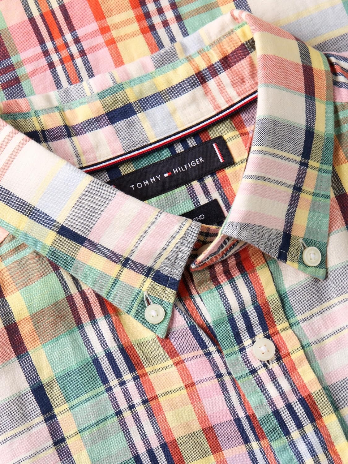 image:imageTommy Hilfiger Mens Short Sleeve Casual Linen Button Down Shirts in Regular FitBrilliant Orange Multi Check