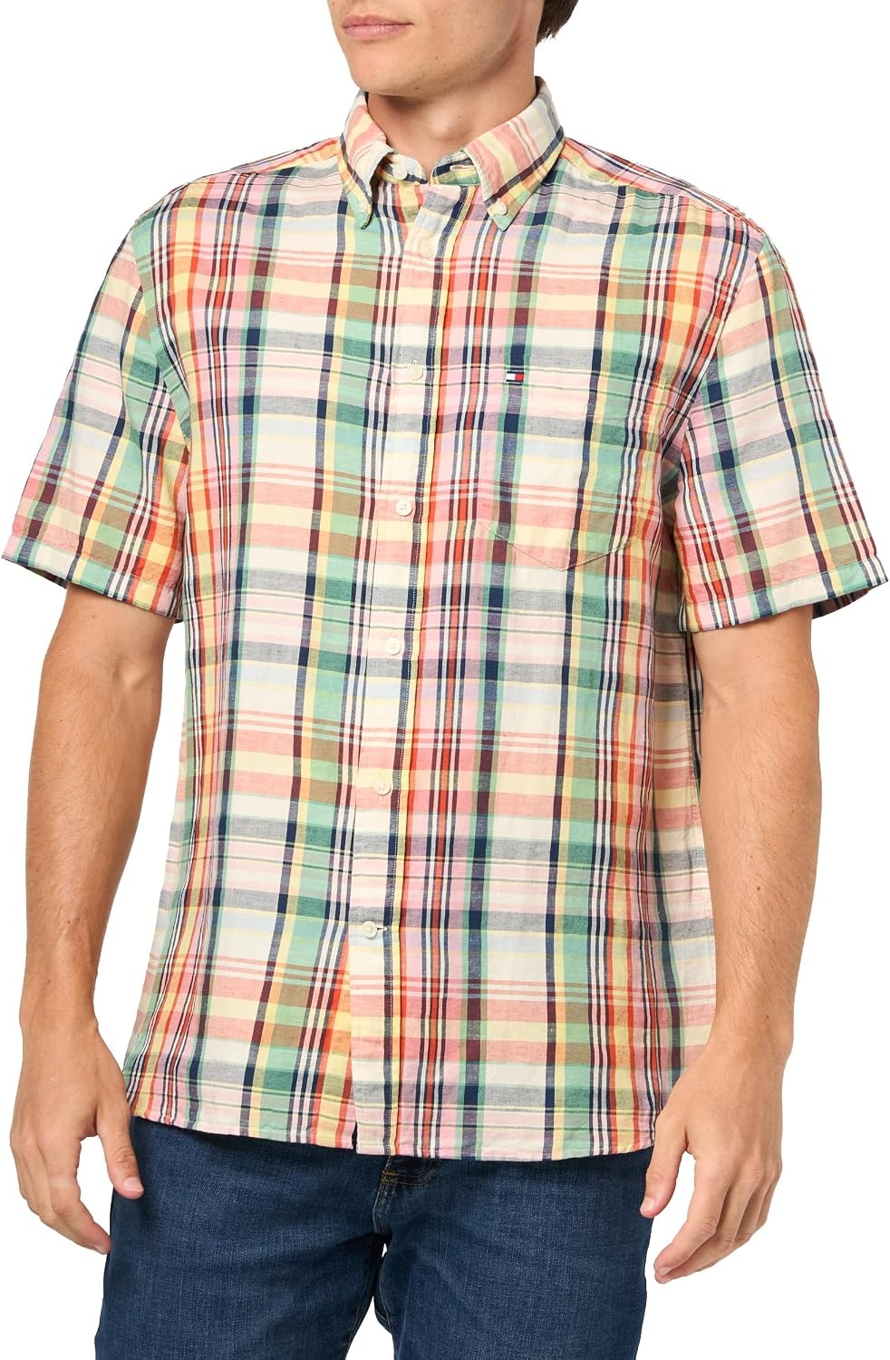 image:imageTommy Hilfiger Mens Short Sleeve Casual Linen Button Down Shirts in Regular FitBrilliant Orange Multi Check