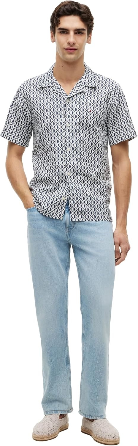image:imageTommy Hilfiger Mens Short Sleeve Casual Linen Button Down Shirts in Regular FitCarbon Navy Allover